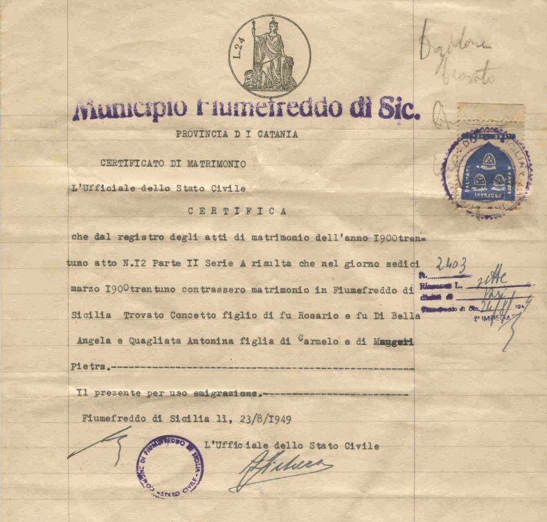 Concetto and Antonina Trovato's Marriage Certificate Copy.