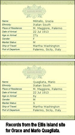 Ellis Island records for Grace and Mario Quagliata.