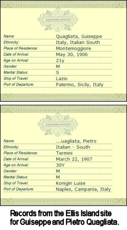 Ellis Island records for Giuseppe and Pietro Quagliata.