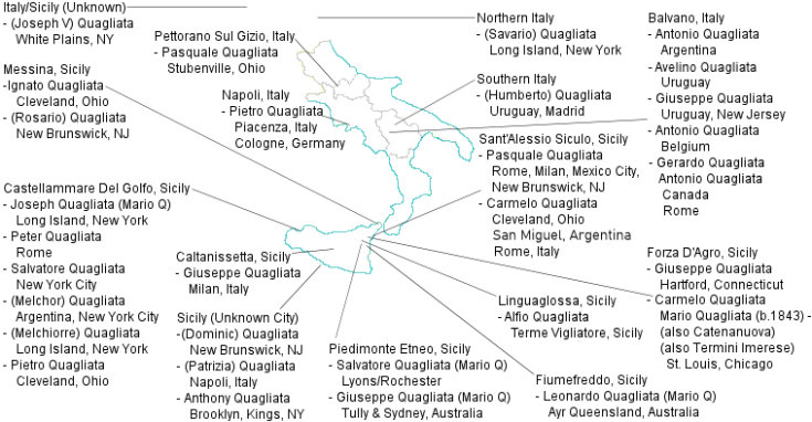 Quagliata Origins: Towns of origin are shown along with patriarchs and the places to where their descendants immigrated.