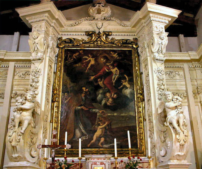 Closer view of 'The Apparition of the Virgin Mary to Saint Paul' above the alter in the Church of St Paul