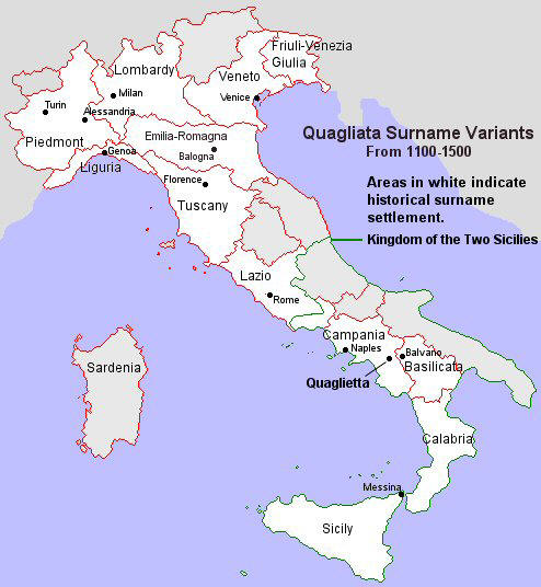 Quagliata surname variants settlement pattern from 1100-1500 